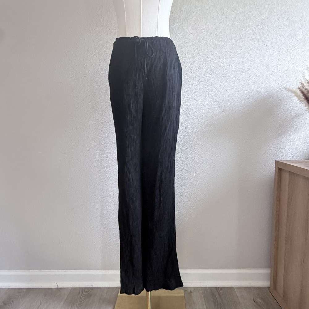 Zara Black Crinkle Textured Wide Leg Drawstring Pants Womens Size M